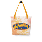 Front view of a Tote Bag with a yellow handle showing a Supermum BSL fingerspelling design