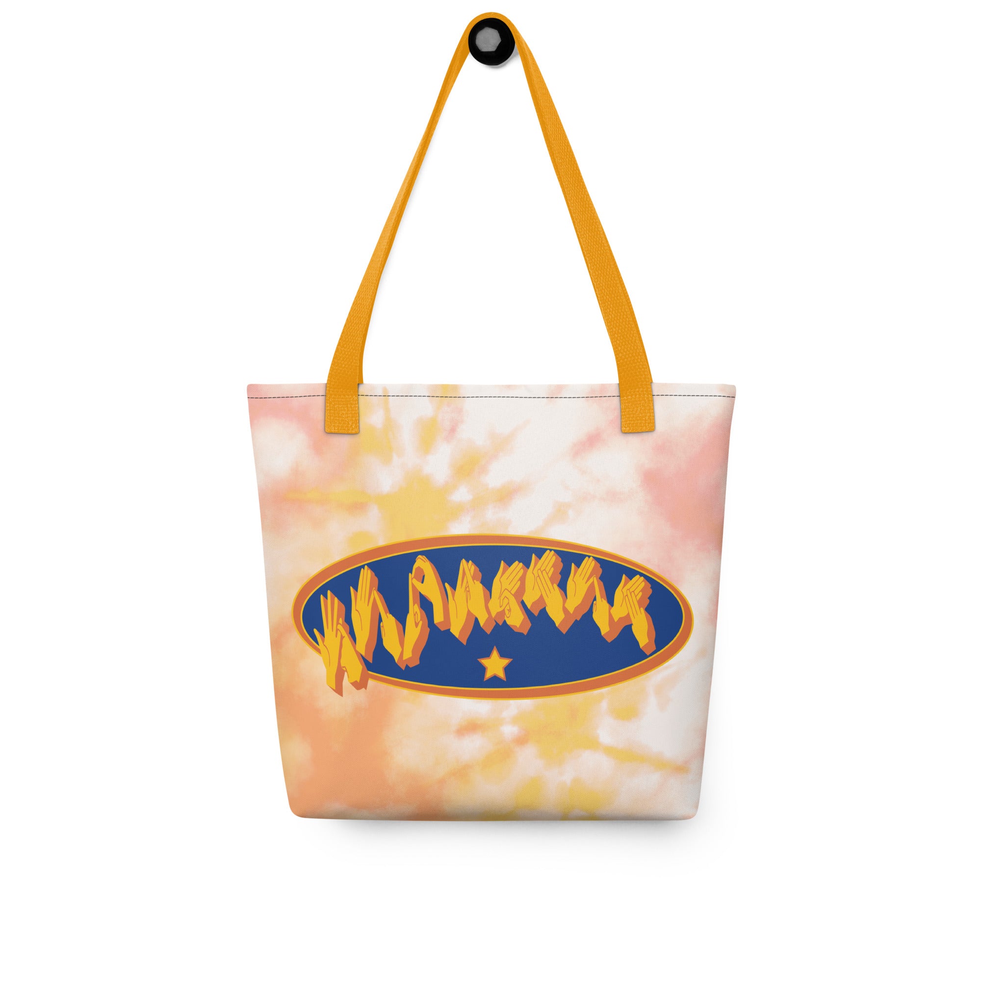 Front view of a Tote Bag with a yellow handle showing a Supermum BSL fingerspelling design