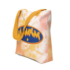 Side view of a Tote Bag with a yellow handle showing a Supermom BSL fingerspelling design