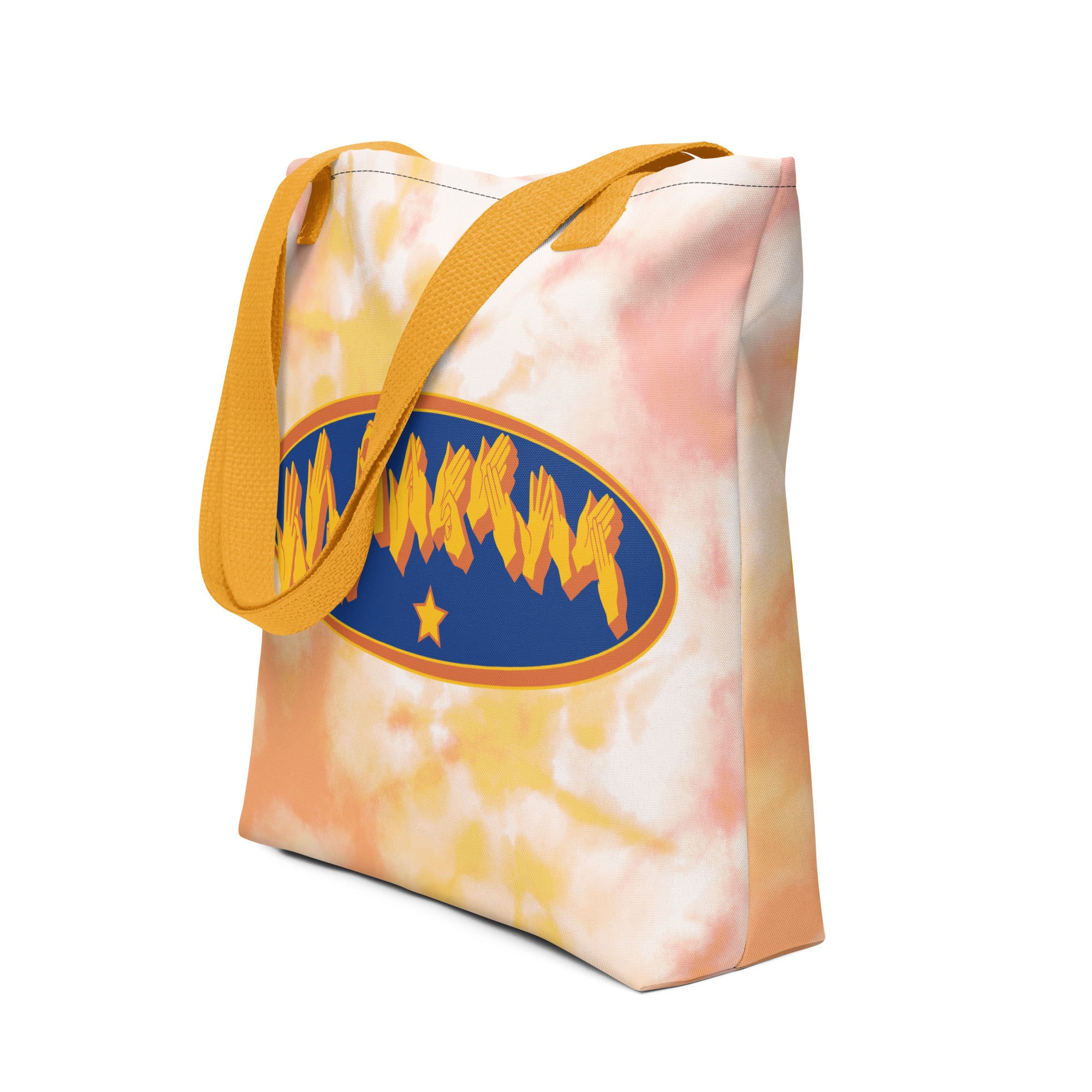 Side view of a Tote Bag with a yellow handle showing a Supermom BSL fingerspelling design