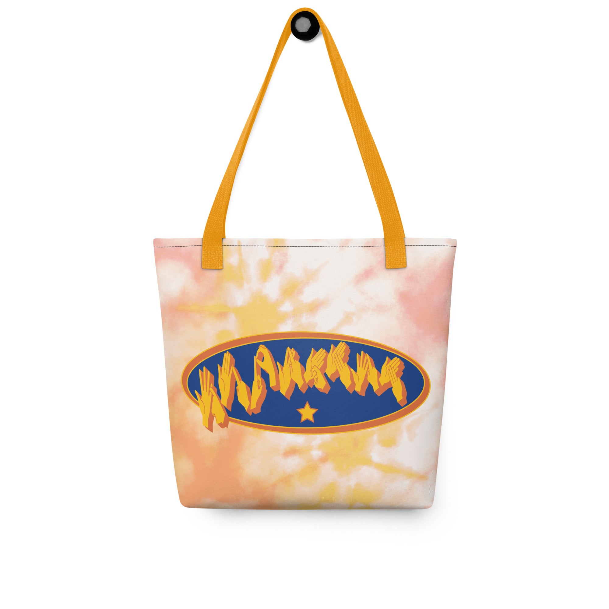 Front view of a Tote Bag with a yellow handle showing a Supermom BSL fingerspelling design