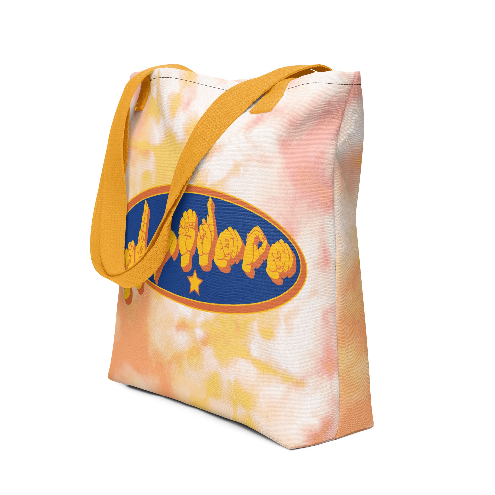 Side view of a Tote Bag with a yellow handle showing a Supermom ASL fingerspelling design