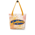 Front view of a Tote Bag with a yellow handle showing a Supermom ASL fingerspelling design
