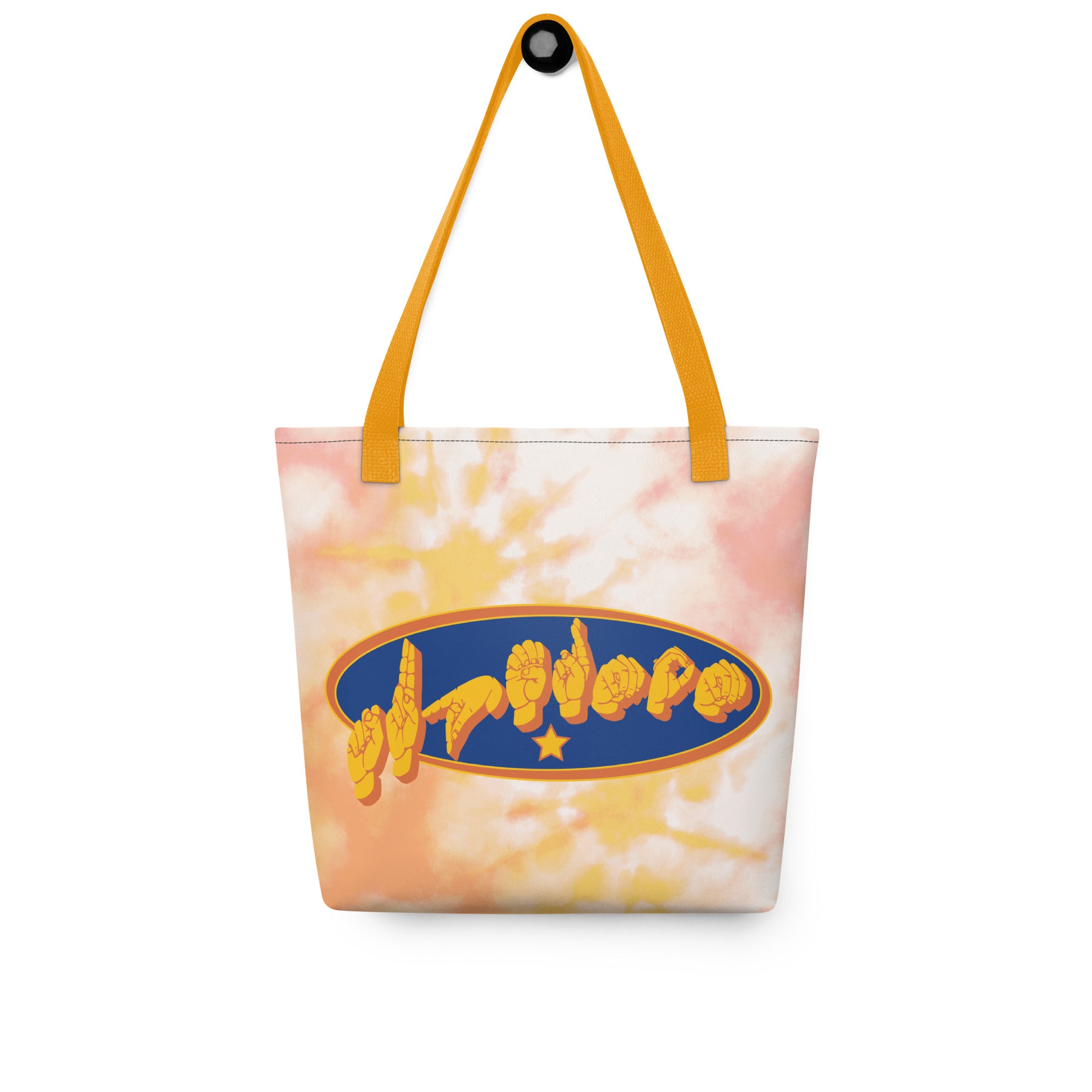 Front view of a Tote Bag with a yellow handle showing a Supermom ASL fingerspelling design