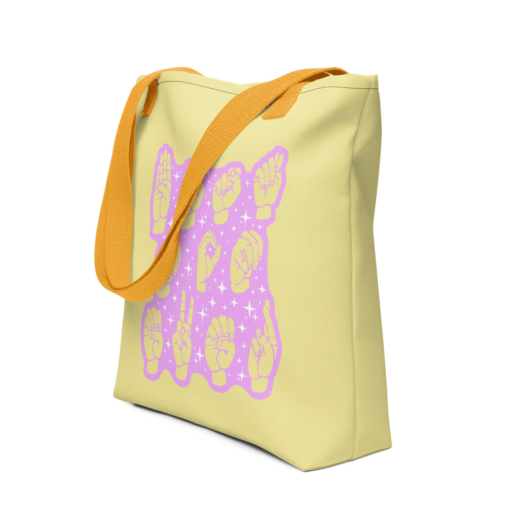 Side view of a Tote Bag with a yellow handle showing a Best Mom Ever ASL fingerspelling design