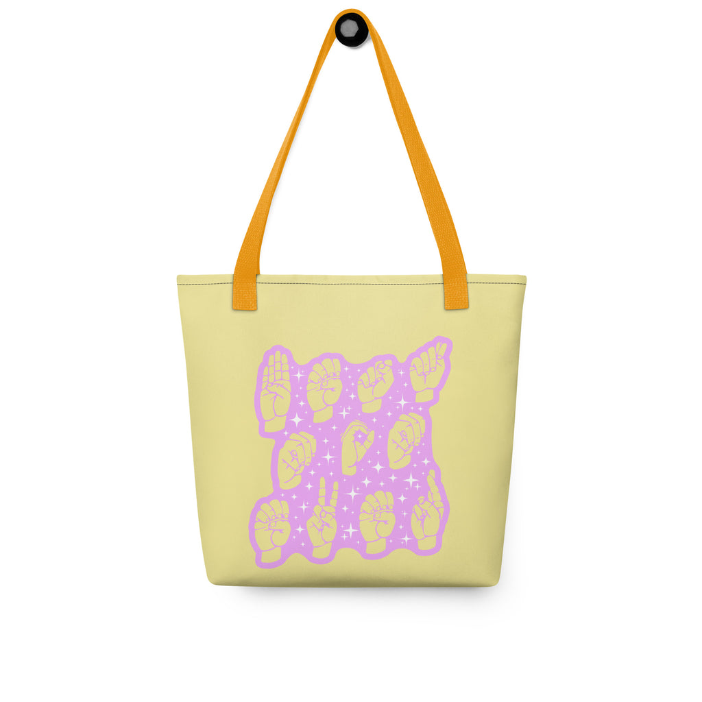 Front view of a Tote Bag with a yellow handle showing a Best Mom Ever ASL fingerspelling design