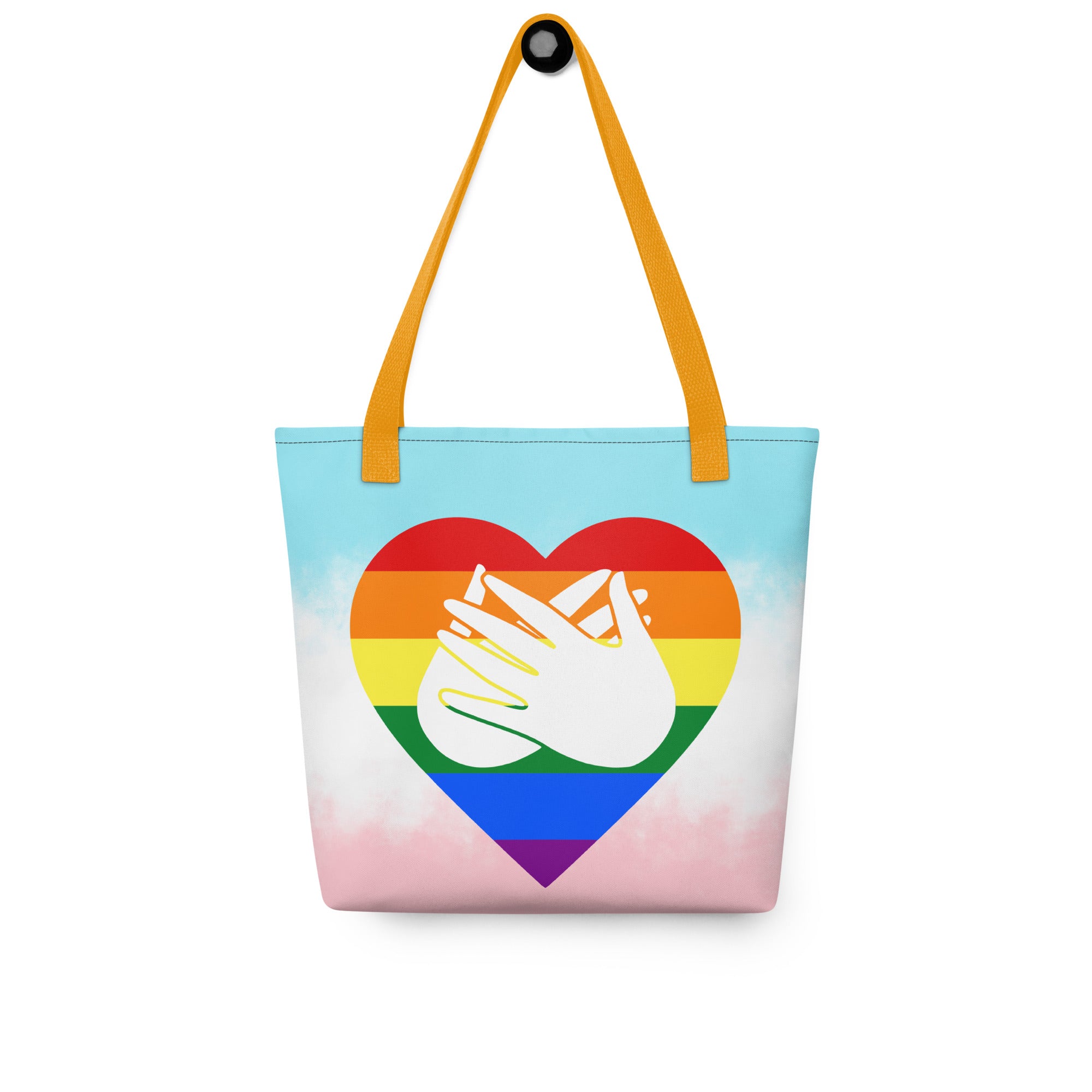 Tote bag with a yellow handle and a pride heart with the BSL love sign at its centre.