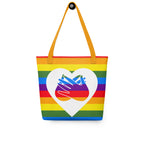 Pride rainbow coloured tote bag with a yellow handle and a white heart with the BSL love sign at its centre.