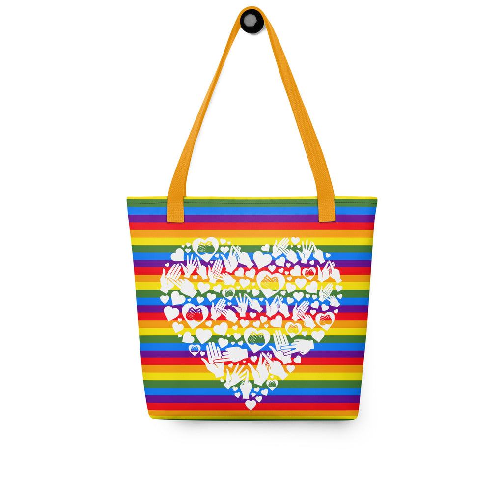 Pride rainbow coloured tote bag with a yellow handle and a white mosaic design