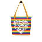 Pride rainbow coloured tote bag with a yellow handle and a white mosaic design