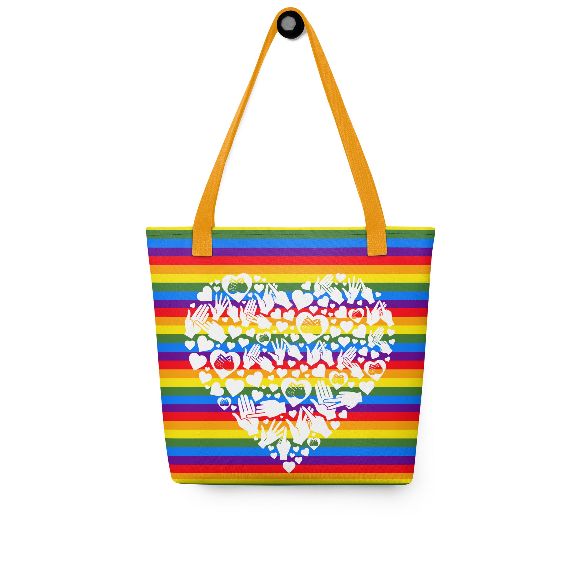 Pride rainbow coloured tote bag with a yellow handle and a white mosaic design