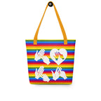Pride rainbow coloured tote bag with a yellow handle and a word LOVE white BSL fingerspelling design