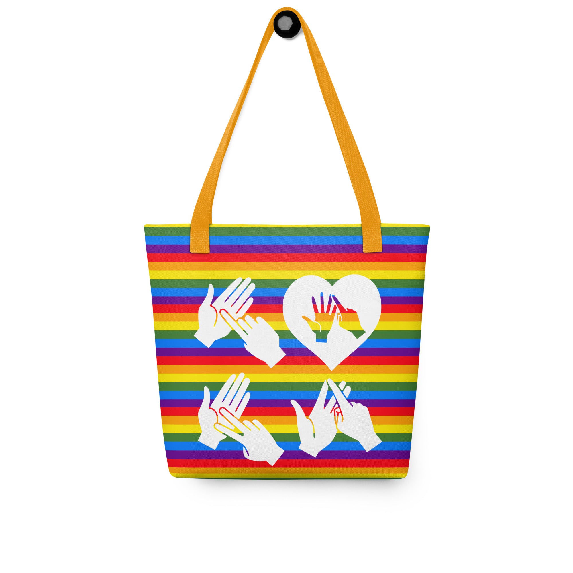Pride rainbow coloured tote bag with a yellow handle and a word LOVE white BSL fingerspelling design