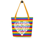 Pride rainbow coloured tote bag with a yellow handle and a white ASL mosaic design