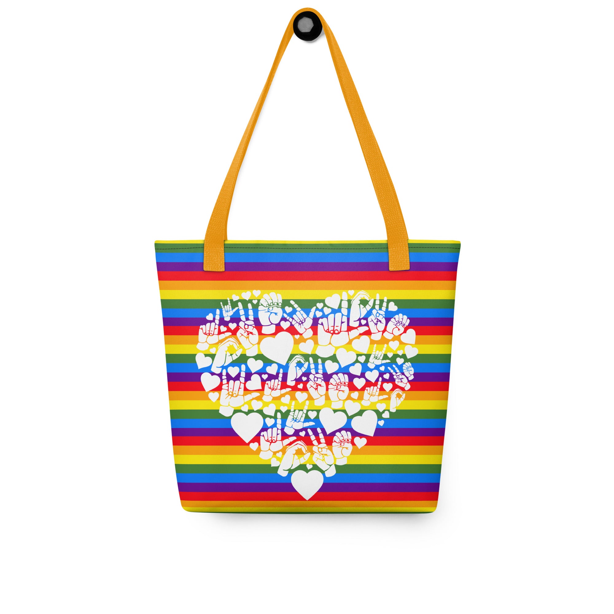 Pride rainbow coloured tote bag with a yellow handle and a white ASL mosaic design