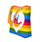 An angled view of a pride rainbow coloured tote bag with a yellow handle and a white heart with the ASL I love you sign at its centre.