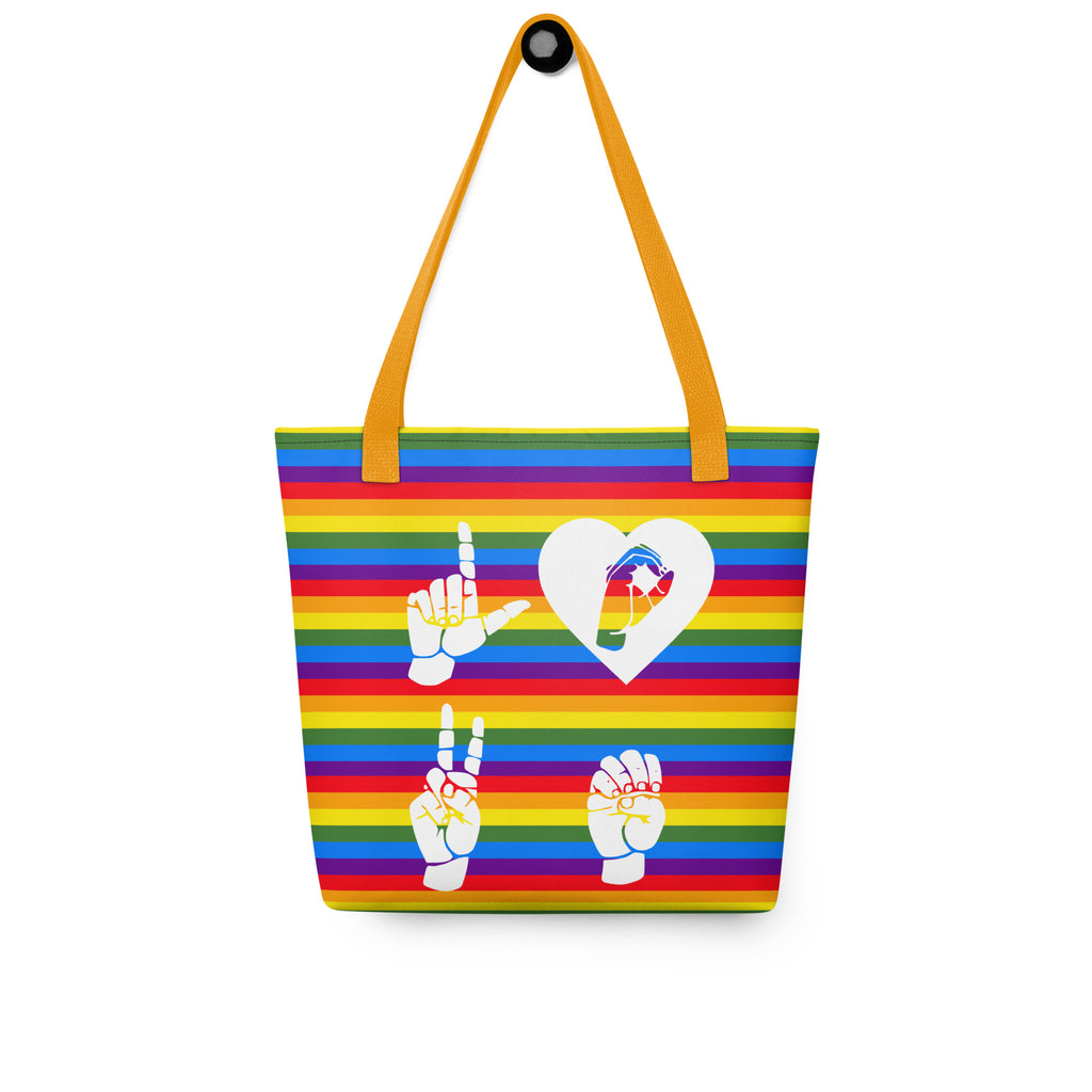Pride rainbow colored tote bag with a yellow handle and a word LOVE white ASL fingerspelling design