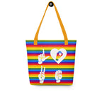 Pride rainbow colored tote bag with a yellow handle and a word LOVE white ASL fingerspelling design
