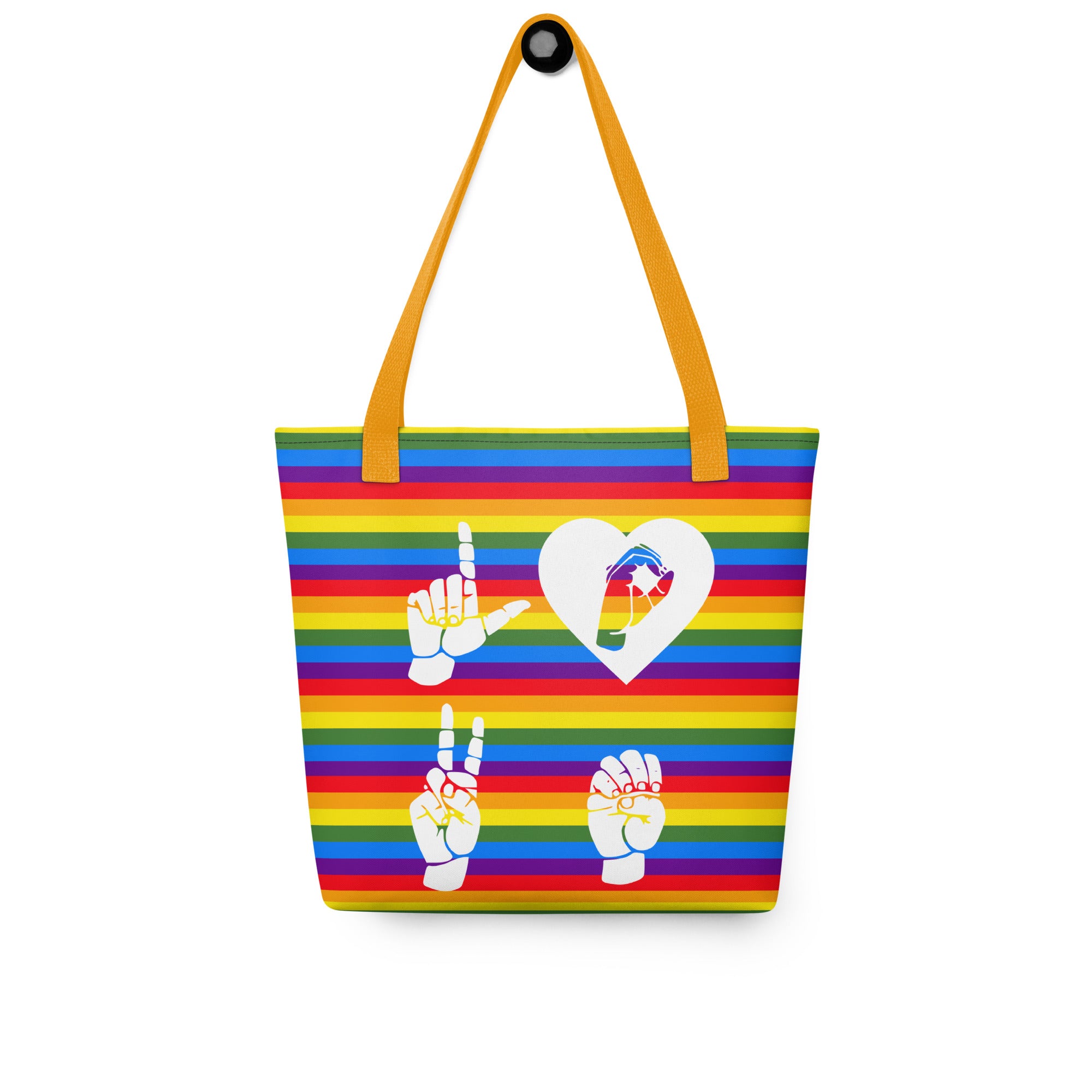 Pride rainbow colored tote bag with a yellow handle and a word LOVE white ASL fingerspelling design