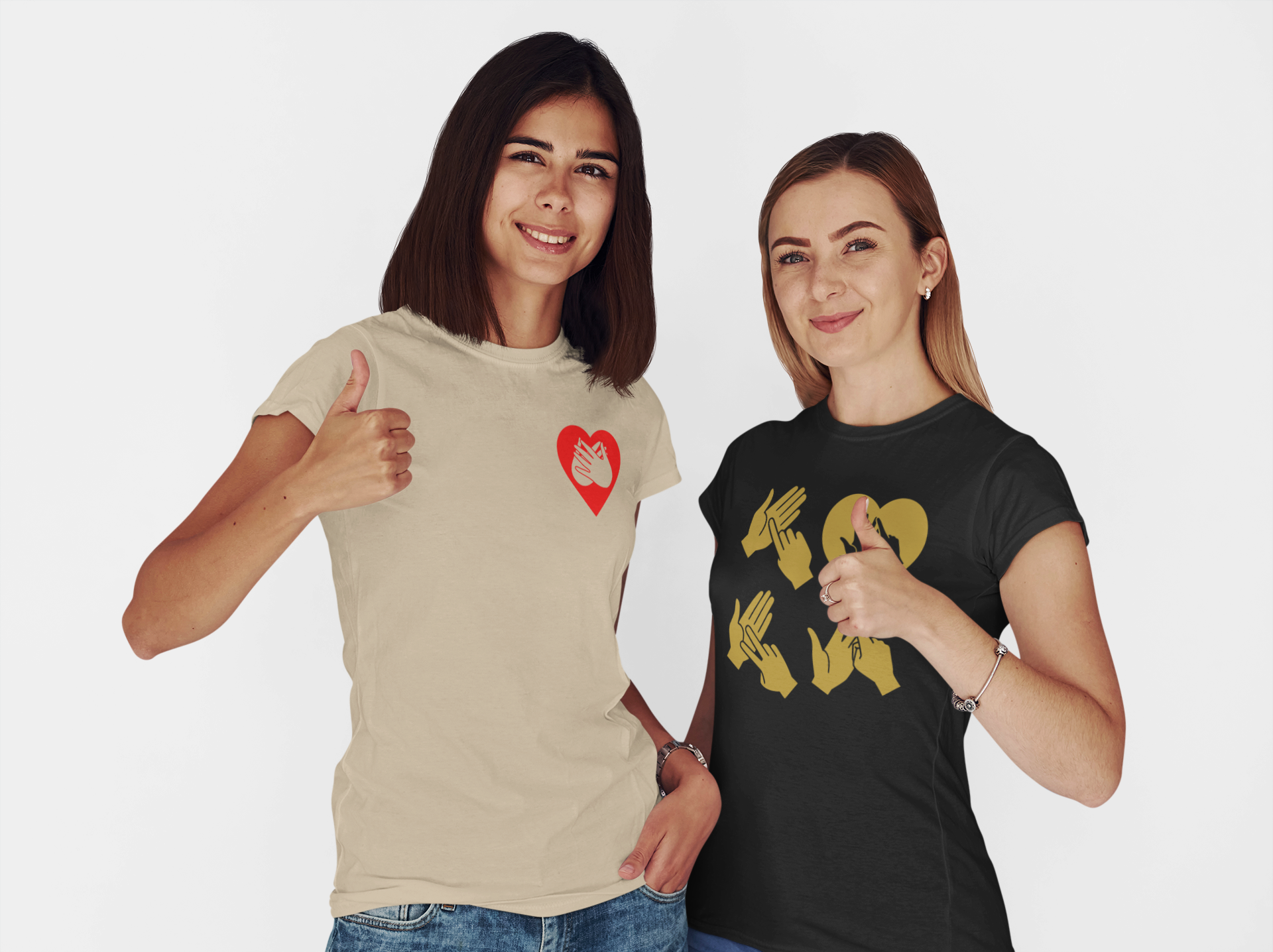 Two people wearing ASL t-shirts with unique designs on a plain background