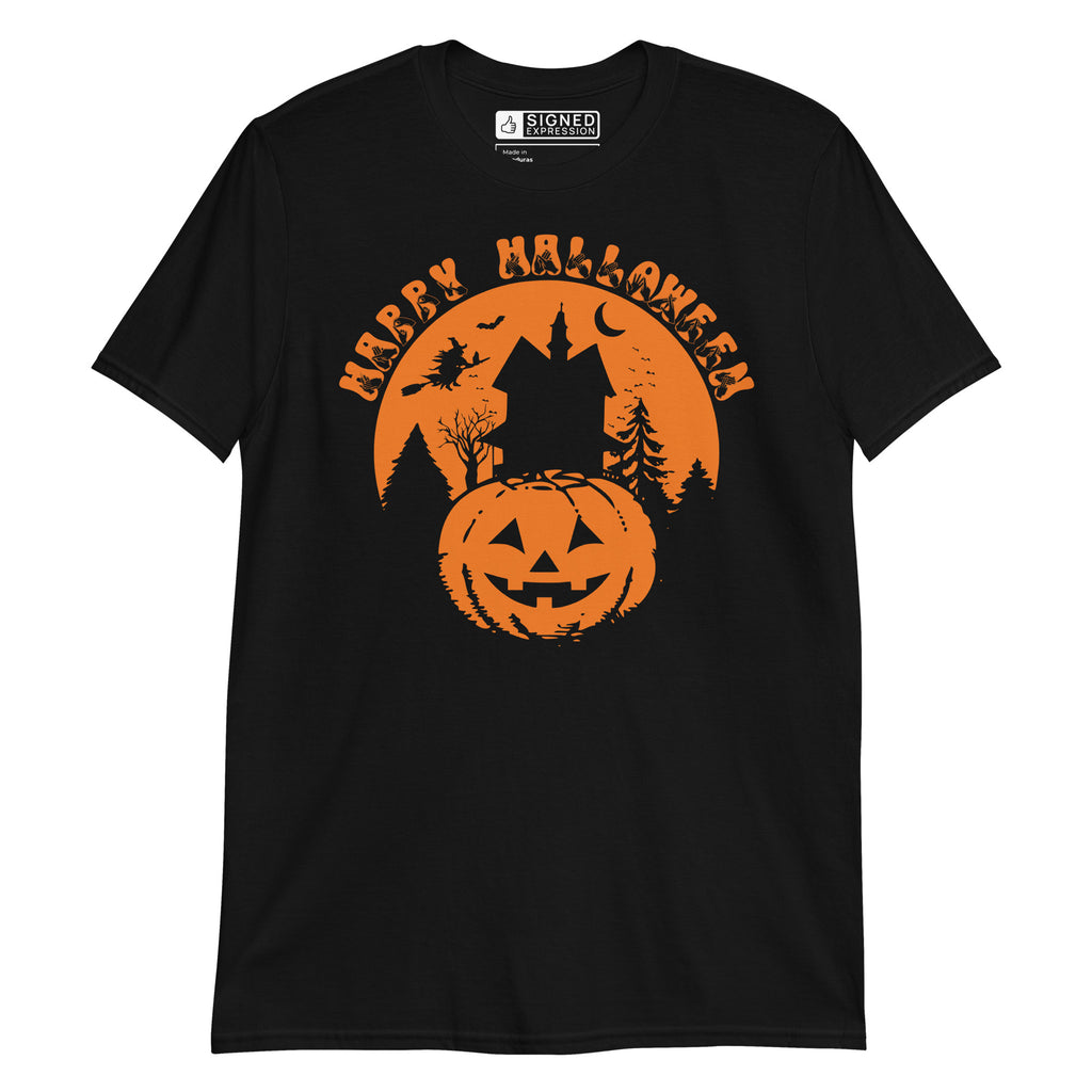 Black coloured kids Happy Halloween pumpkin haunted house t-shirt with BSL design.