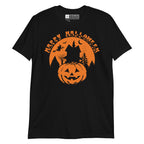 Black Happy Halloween pumpkin haunted house t-shirt with BSL design.