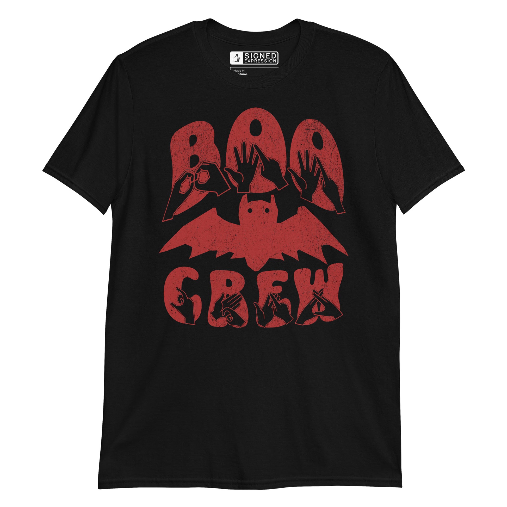 Black coloured kids Boo Crew bat Halloween t-shirt with BSL design.