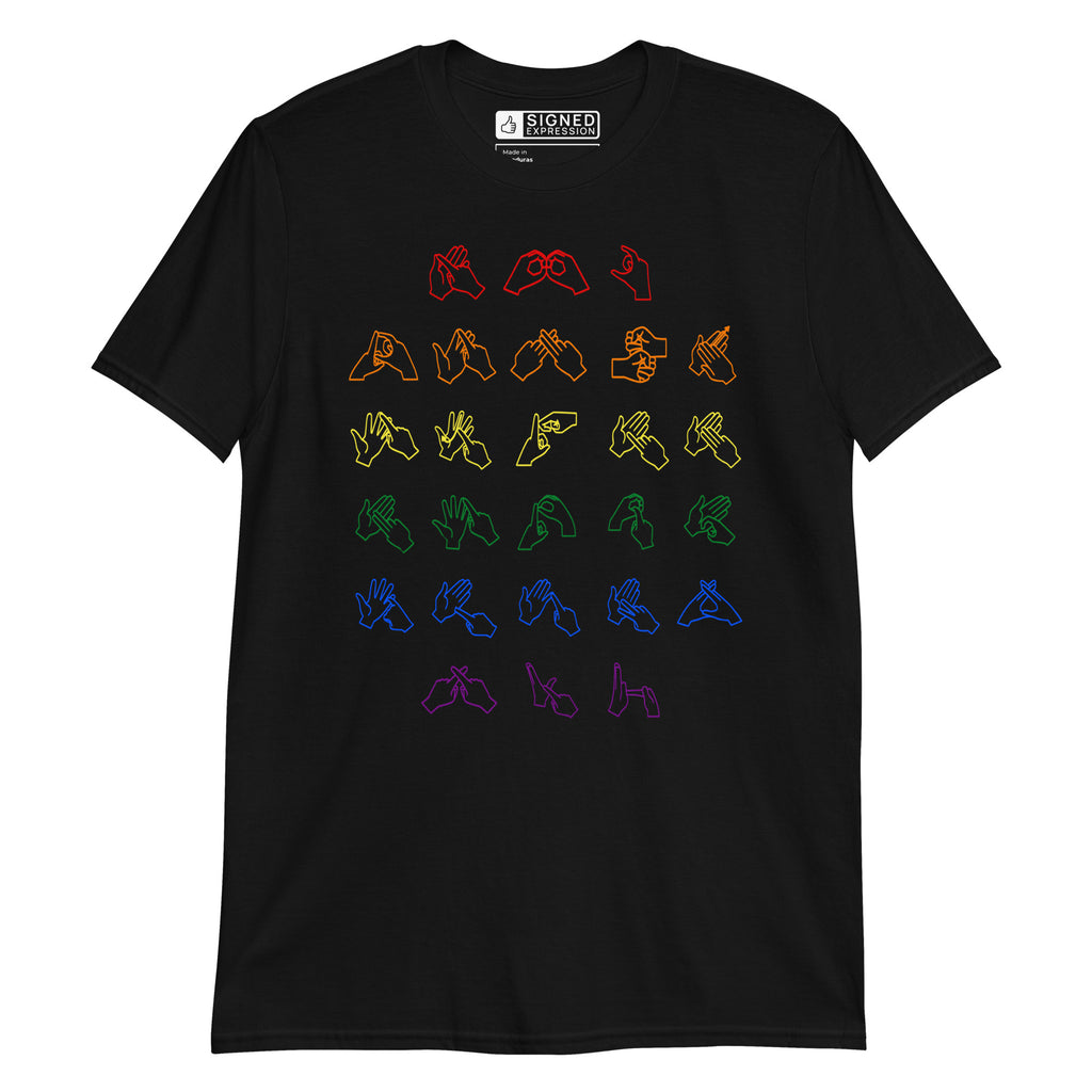 Front view of a black t-shirt with BSL Alphabet - Pride Fingerspelling
