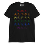 Front view of a black t-shirt with BSL Alphabet - Pride Fingerspelling