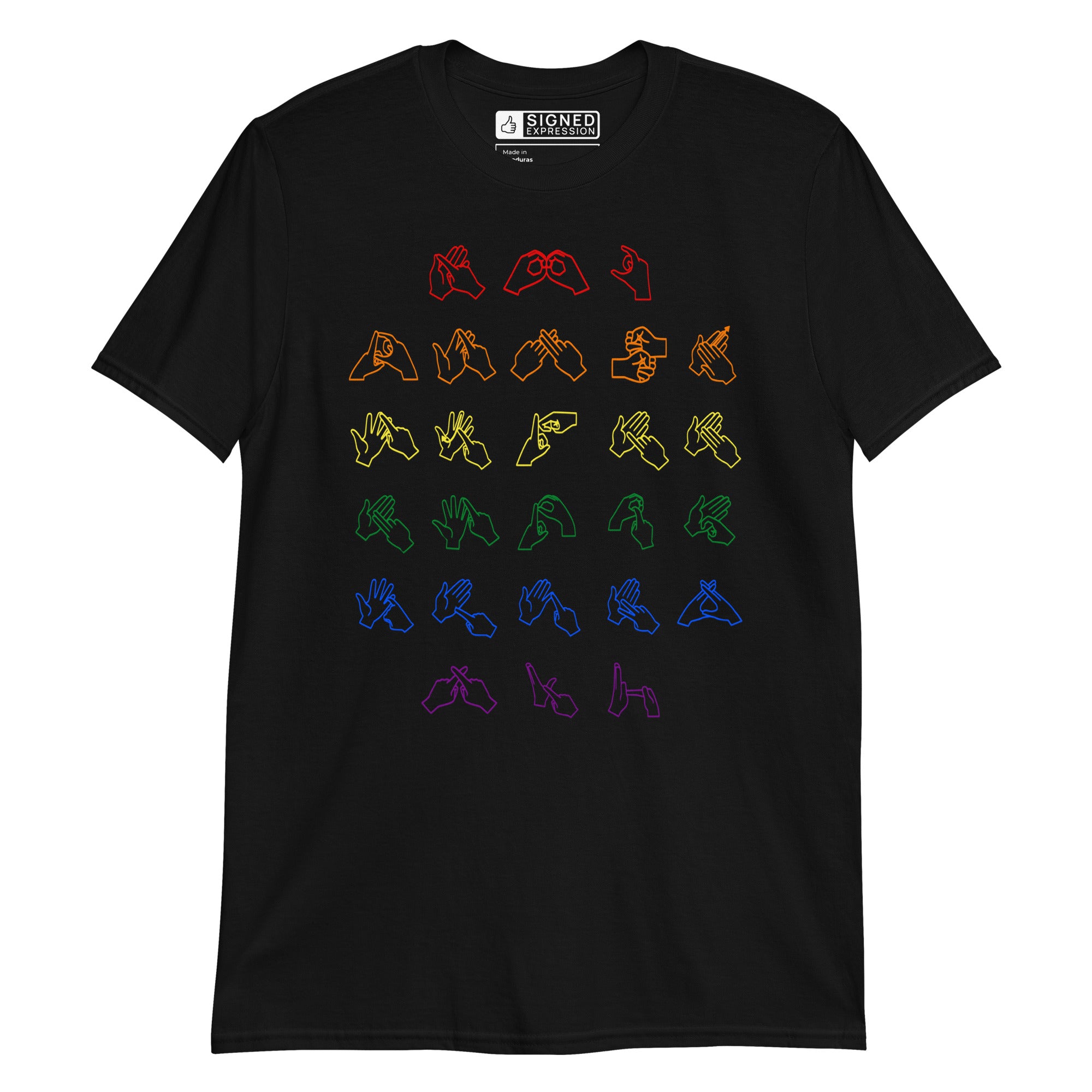 Front view of a black t-shirt with BSL Alphabet - Pride Fingerspelling