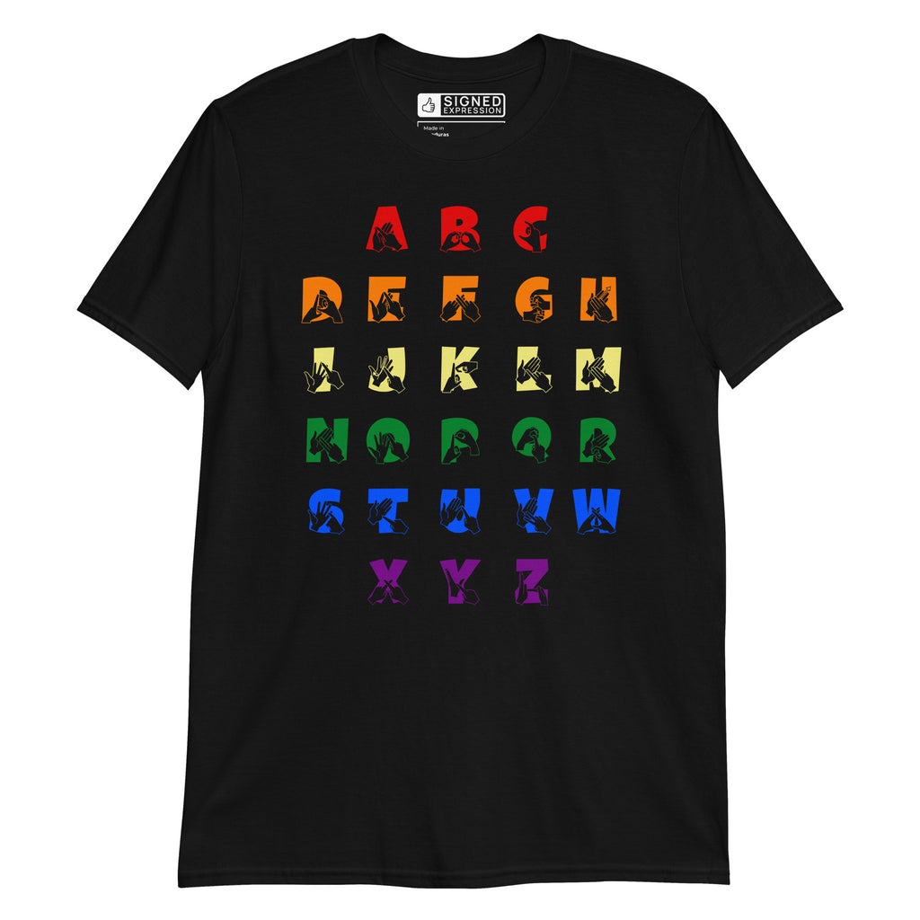Front view of a black t-shirt with BSL Alphabet - Pride Fingerspelling & Text
