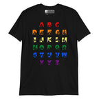 Front view of a black t-shirt with BSL Alphabet - Pride Fingerspelling & Text