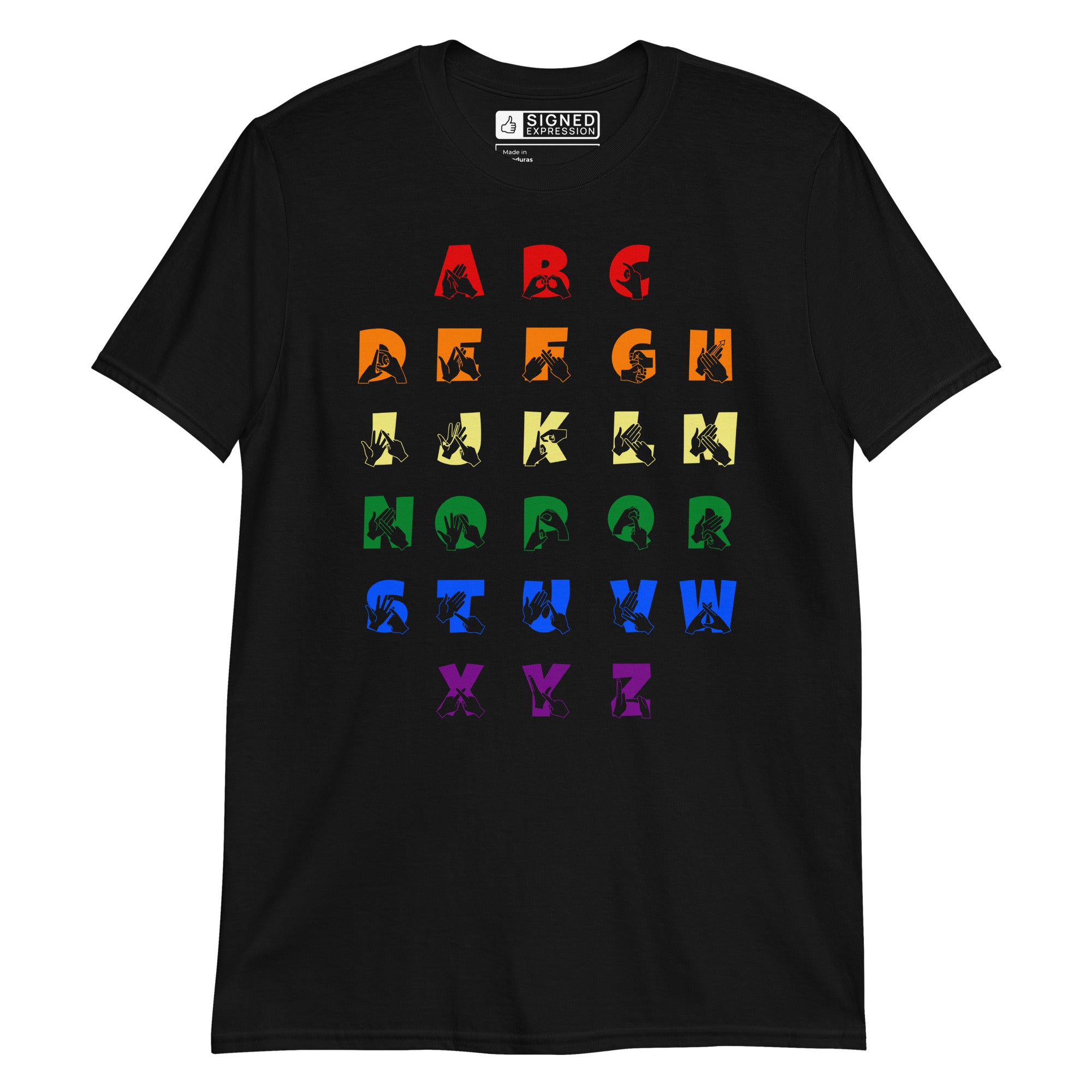 Front view of a black t-shirt with BSL Alphabet - Pride Fingerspelling & Text