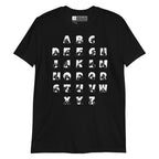 Front view of a black t-shirt with BSL Alphabet - White Fingerspelling & Text