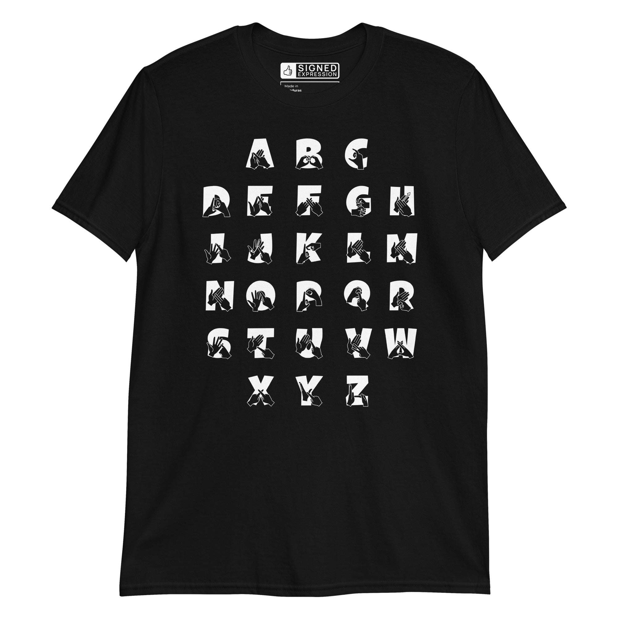 Front view of a black t-shirt with BSL Alphabet - White Fingerspelling & Text