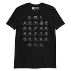 Front view of a black t-shirt with BSL Alphabet - White Fingerspelling