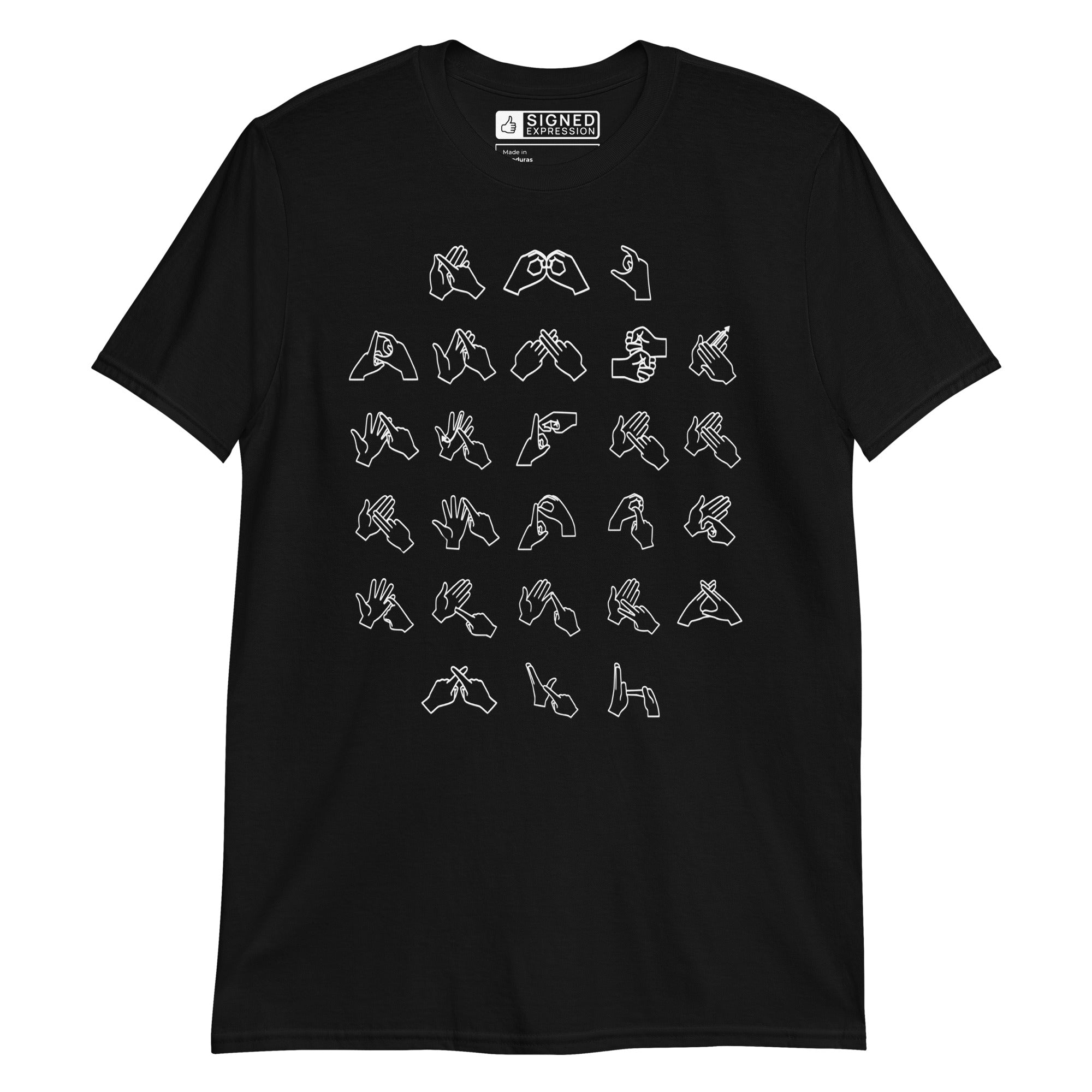 Front view of a black t-shirt with BSL Alphabet - White Fingerspelling