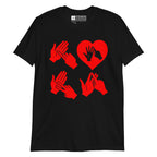 Black coloured  T-Shirt with the word Love in red BSL Fingerspelling with the 'O' embedded in a heart shape