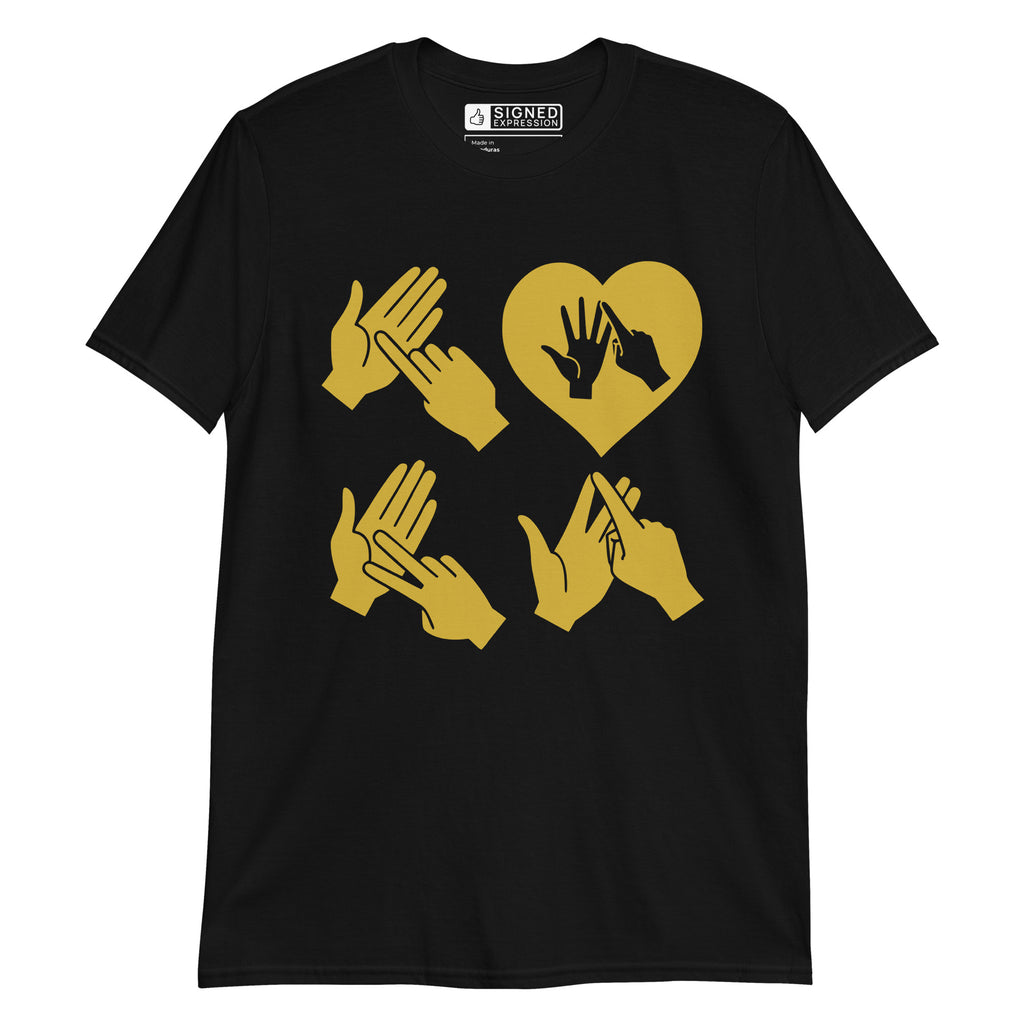Black coloured  T-Shirt with the word Love in gold BSL Fingerspelling with the 'O' embedded in a heart shape