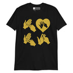 Black coloured  T-Shirt with the word Love in gold BSL Fingerspelling with the 'O' embedded in a heart shape