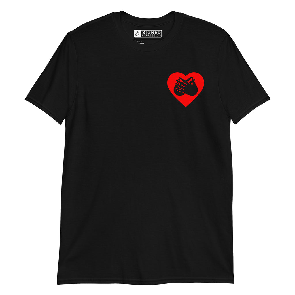 Black coloured T-Shirt showing a red coloured heart and the iconic BSL Love sign embedded in it on the left side of the chest