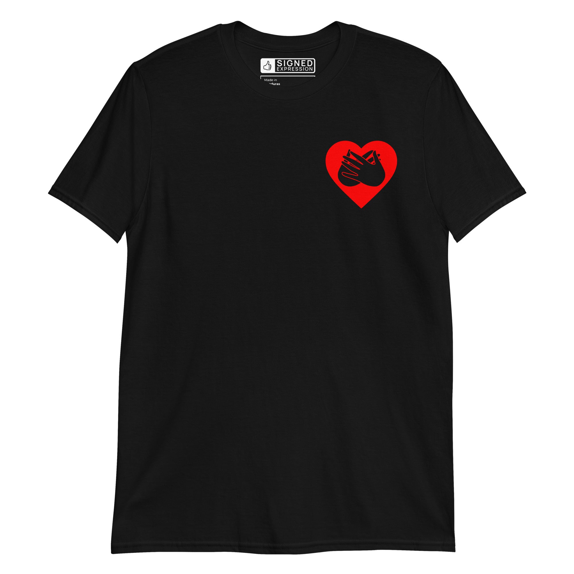 Black coloured T-Shirt showing a red coloured heart and the iconic BSL Love sign embedded in it on the left side of the chest