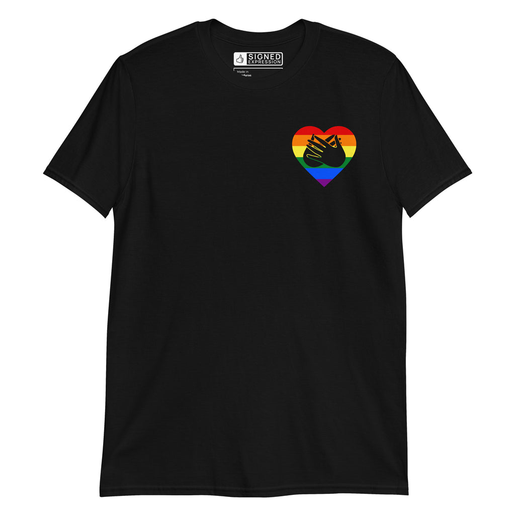 Black coloured T-Shirt showing a pride coloured heart and the iconic BSL Love sign embedded in it on the left side of the chest