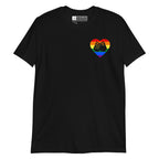 Black coloured T-Shirt showing a pride coloured heart and the iconic BSL Love sign embedded in it on the left side of the chest