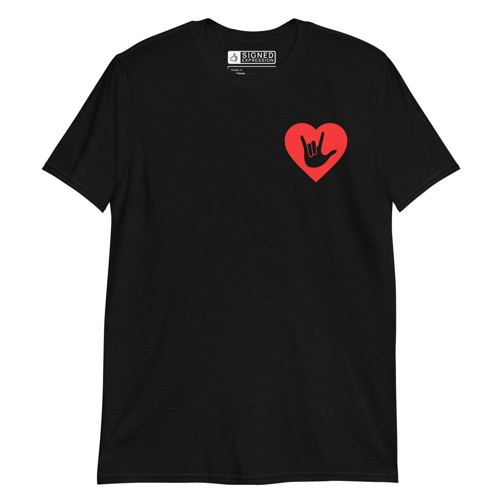 Black coloured T-Shirt showing a red coloured heart and the iconic ASL I Love You sign embedded in it on the left side of the chest