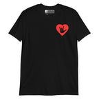 Black coloured T-Shirt showing a red coloured heart and the iconic ASL I Love You sign embedded in it on the left side of the chest