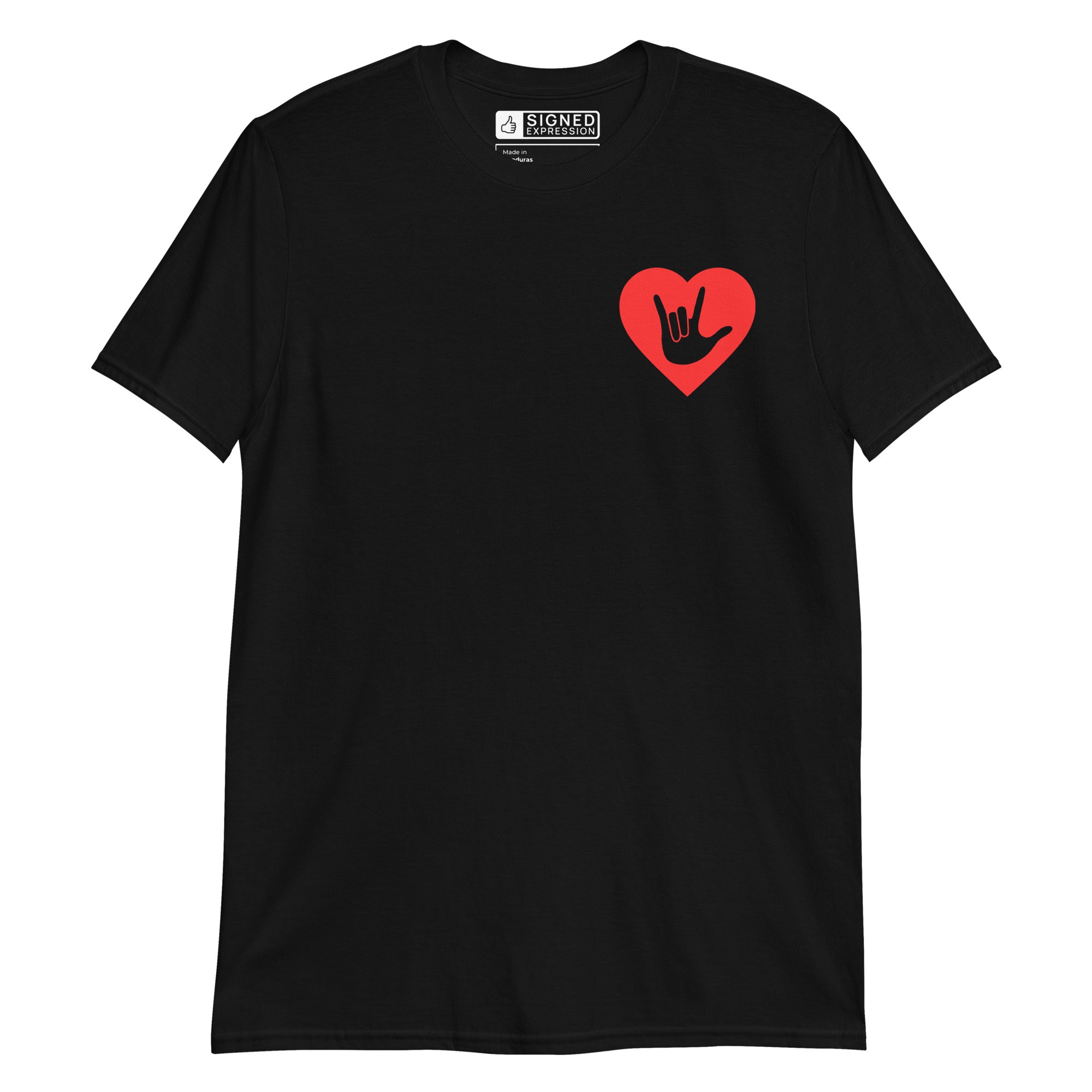 Black coloured T-Shirt showing a red coloured heart and the iconic ASL I Love You sign embedded in it on the left side of the chest