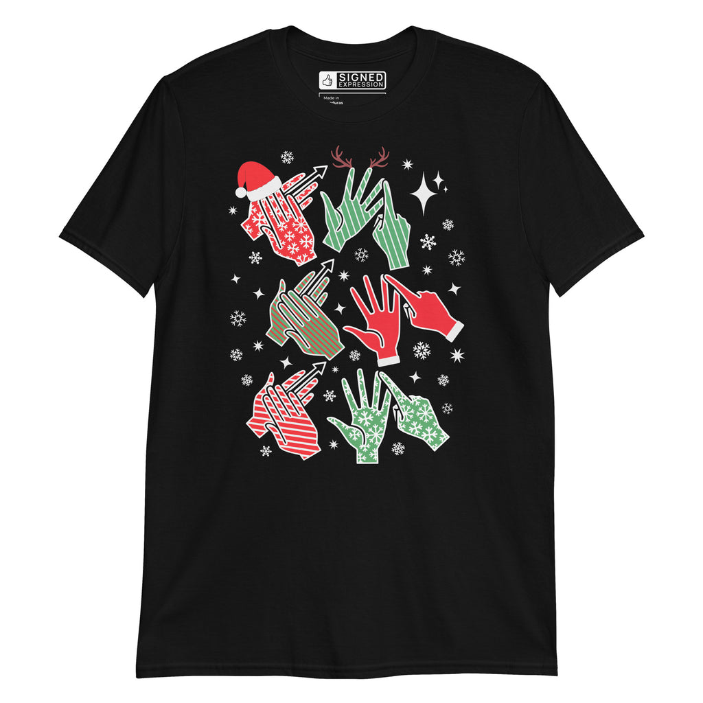 Black coloured t-shirt with Ho Ho Ho BSL fingerspelling design.