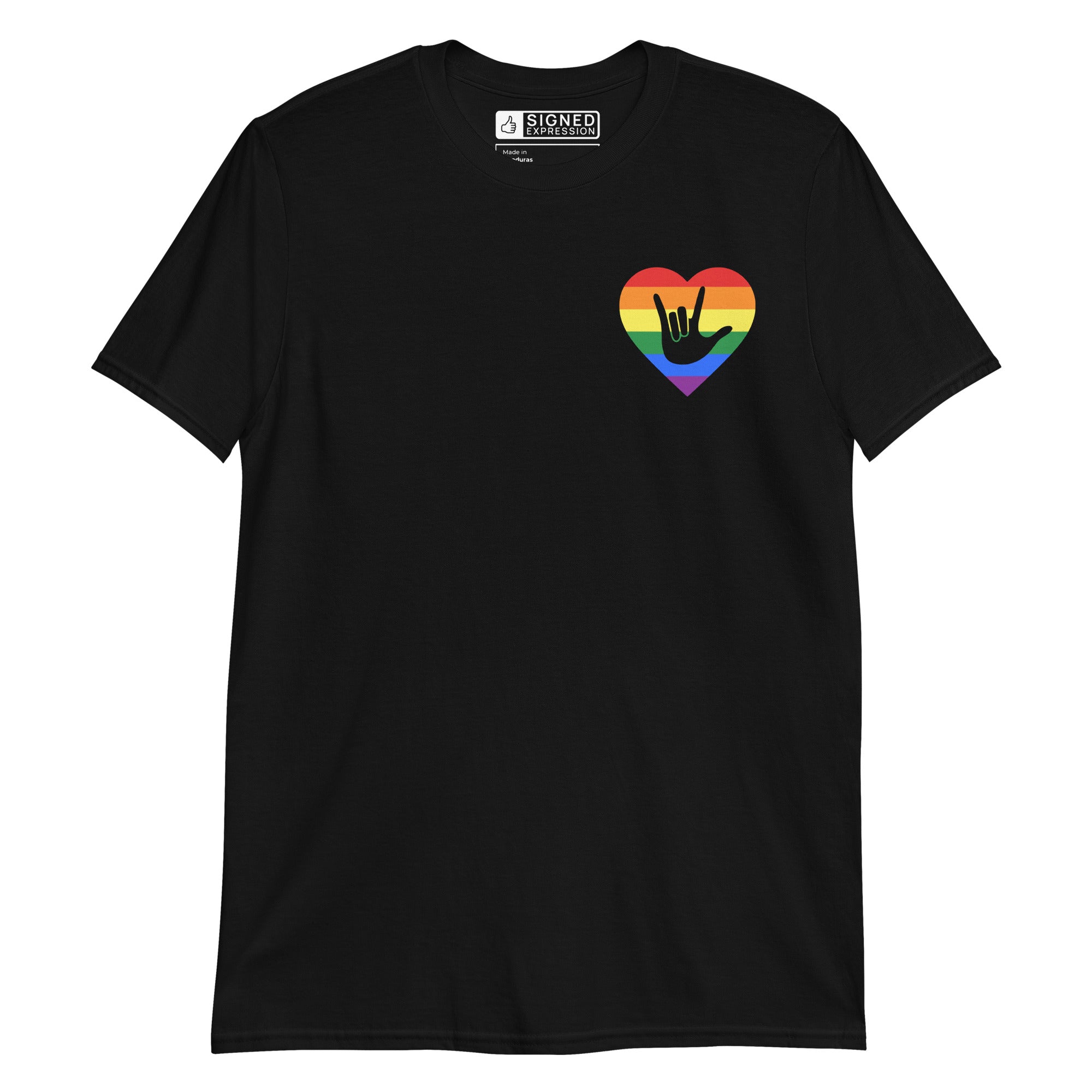 Black colored T-Shirt showing a pride coloured heart and the iconic ASL I Love You sign embedded in it on the left side of the chest