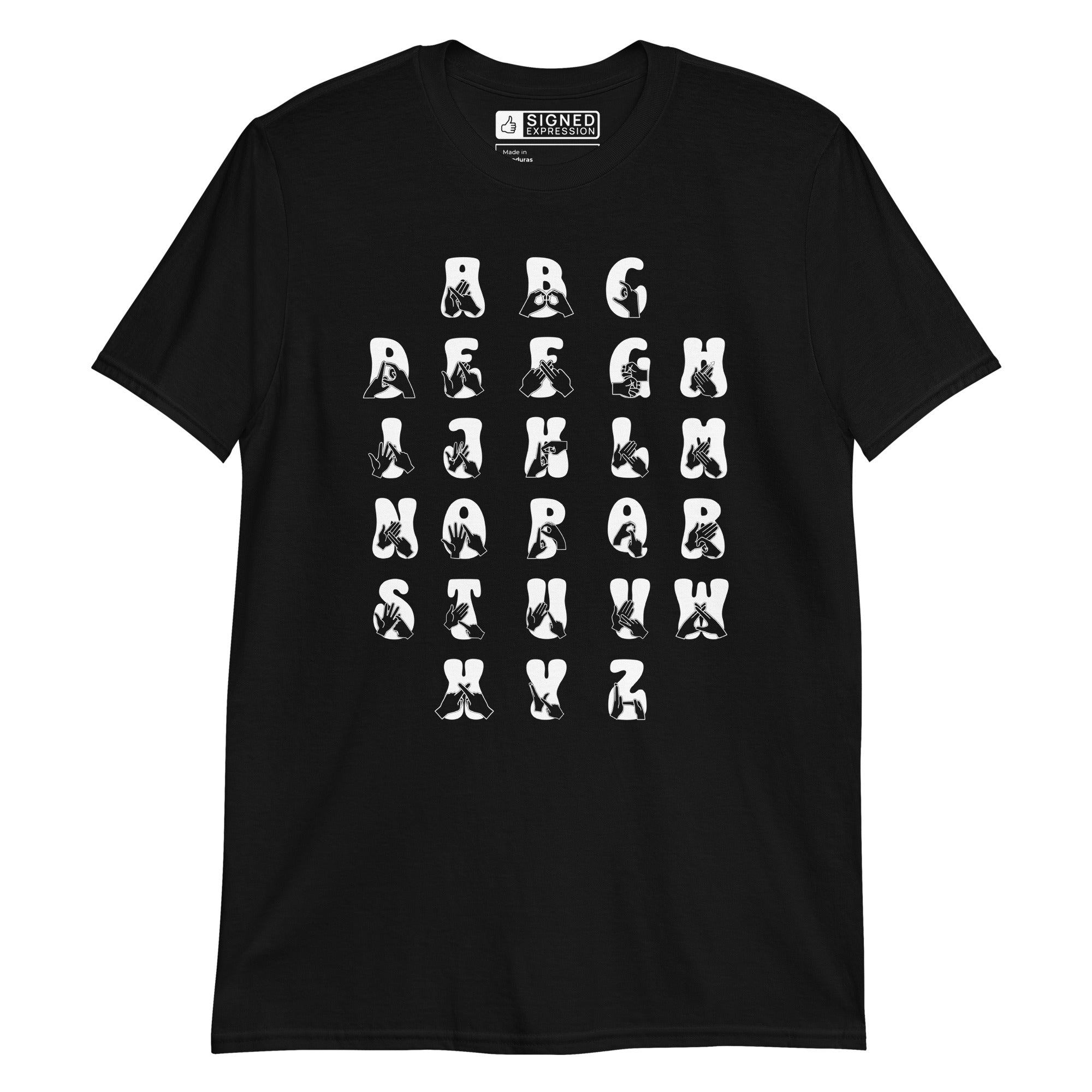 Front view of a black t-shirt with BSL Alphabet - White Fingerspelling & Text